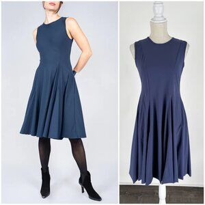 Porto San Francisco Midi Dress Sleeveless Navy Blue Stretch Pleated sz XL Preppy
